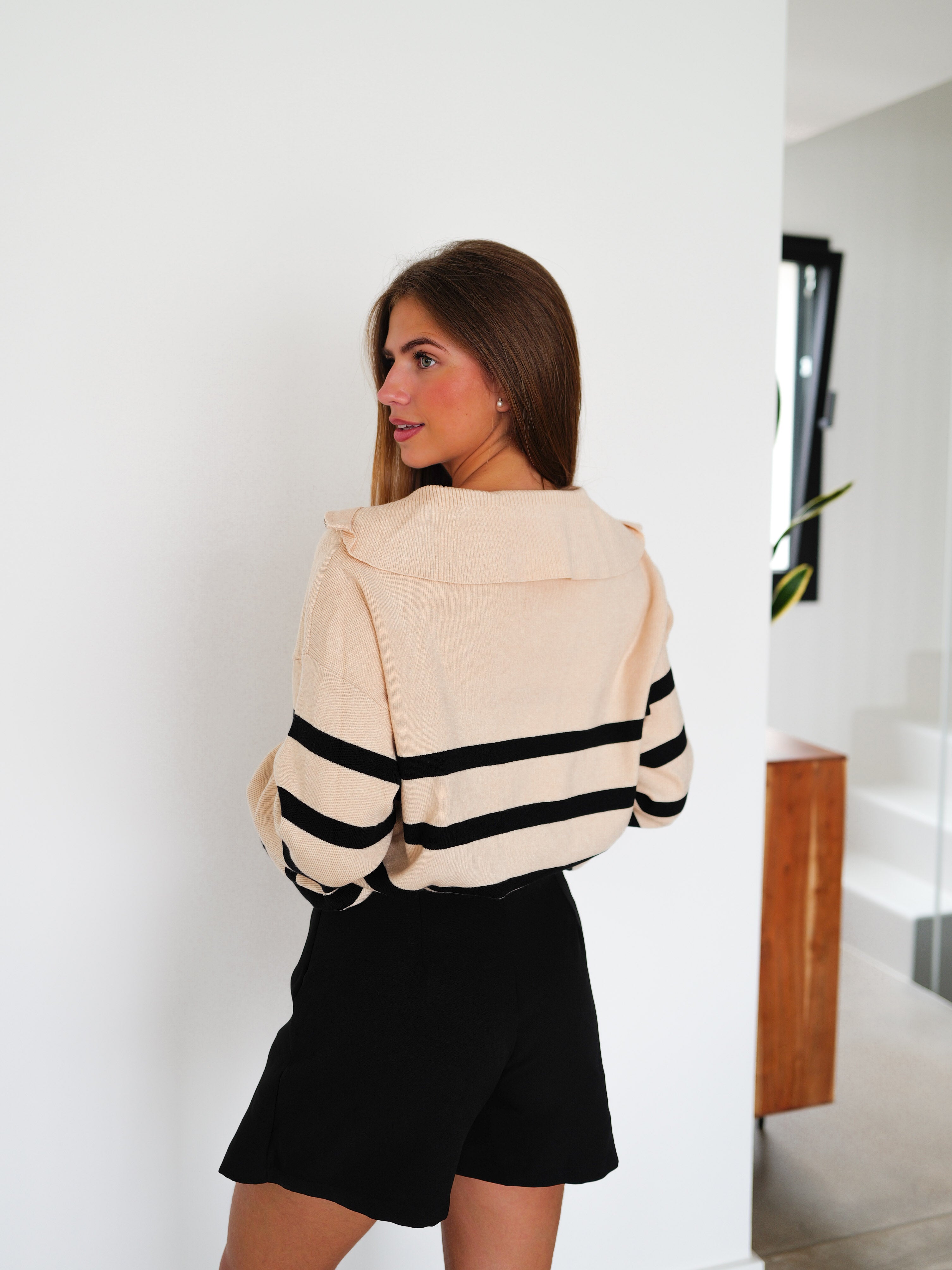 Beige striped zipper sweater