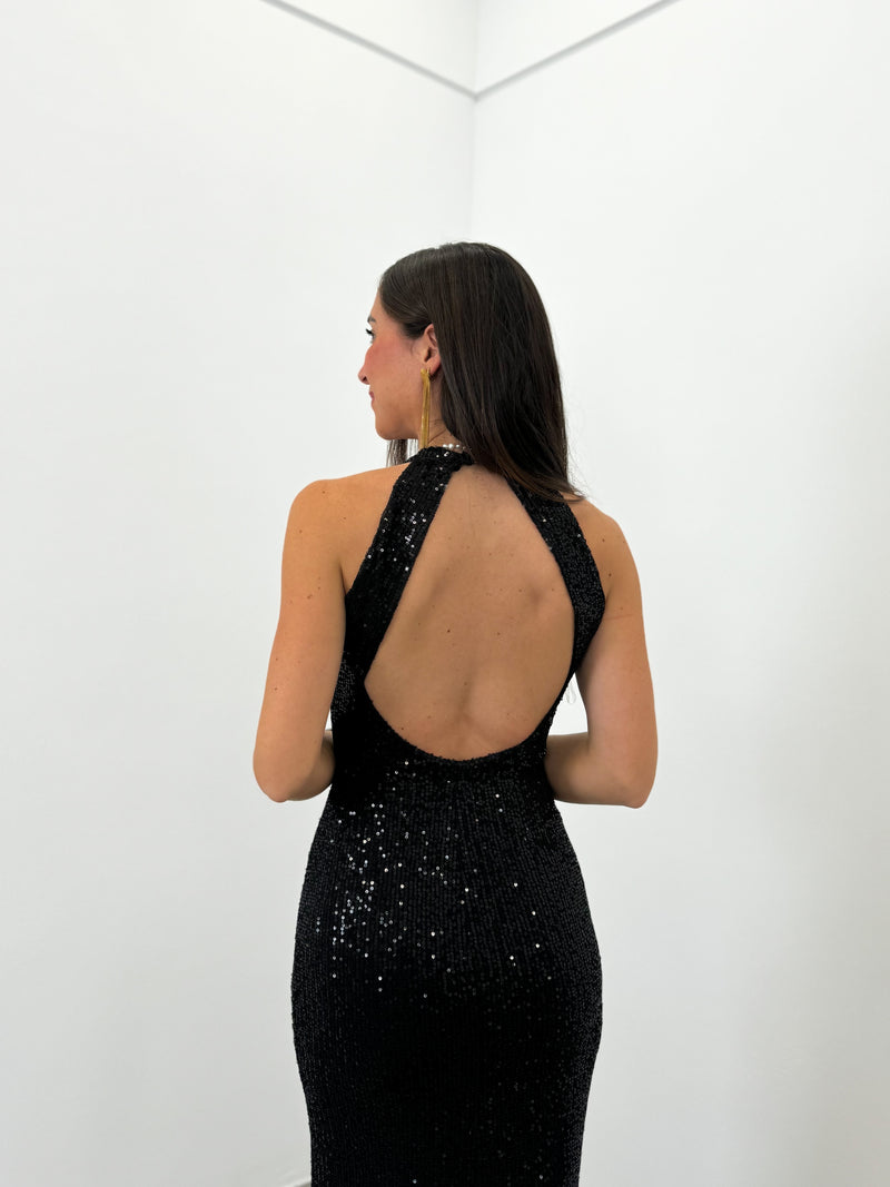 Black halter length glitter dress