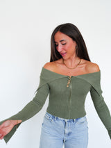 Khaki ribbed zipper boat sweater