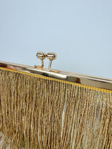 Gold fringed suede clutch