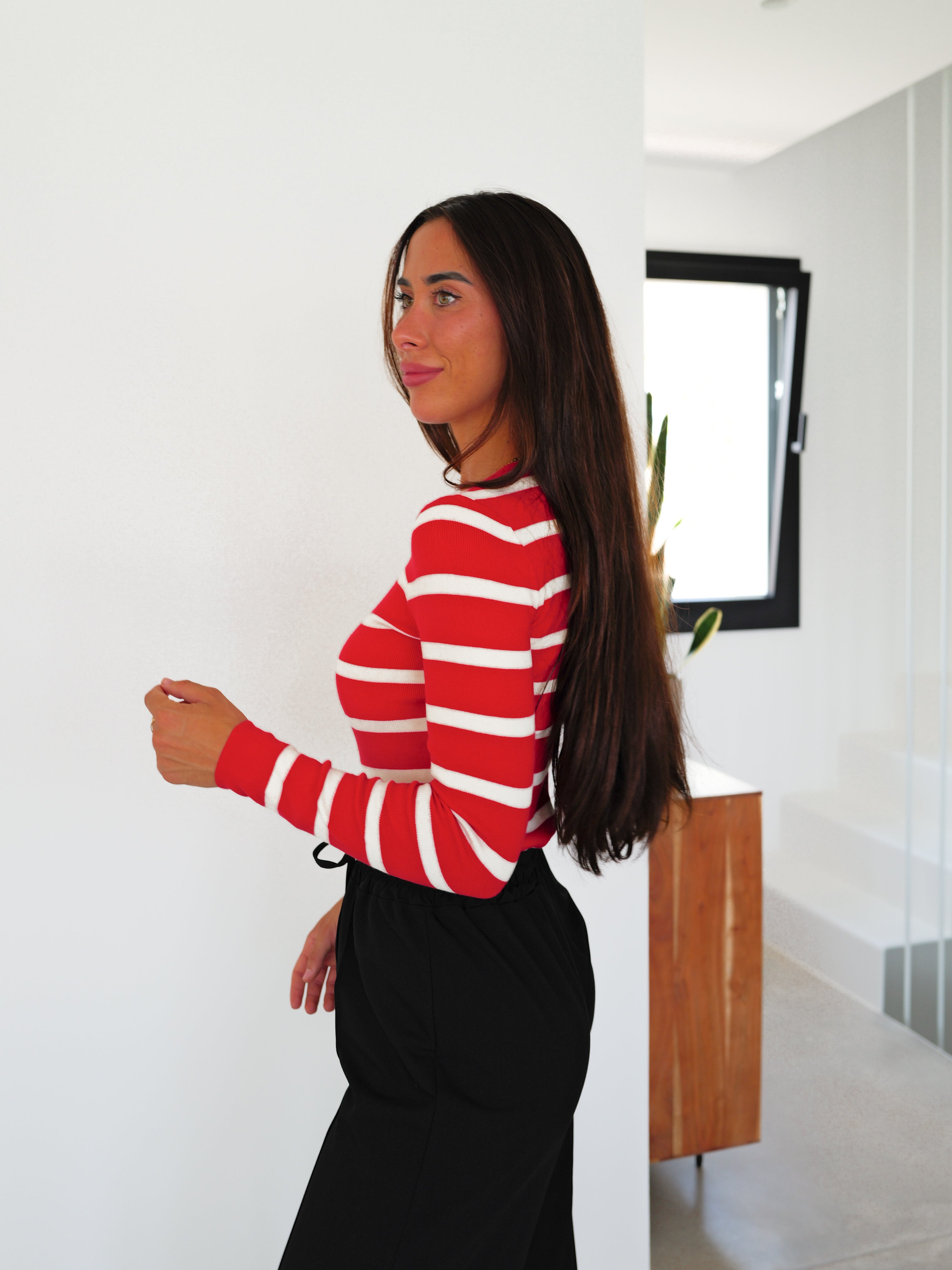 Red striped ribbed sleeve sweater