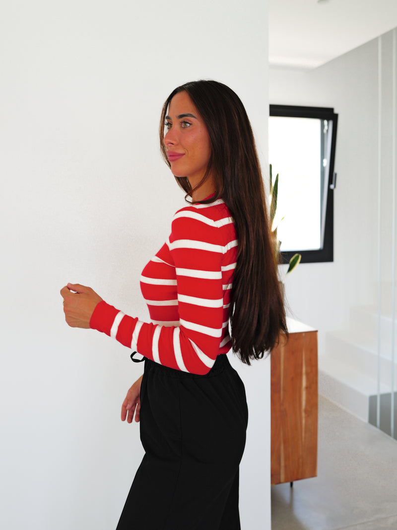 Red striped ribbed sleeve sweater