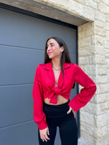 Red satin lace blouse