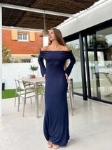 Long dress bardot lurex navy