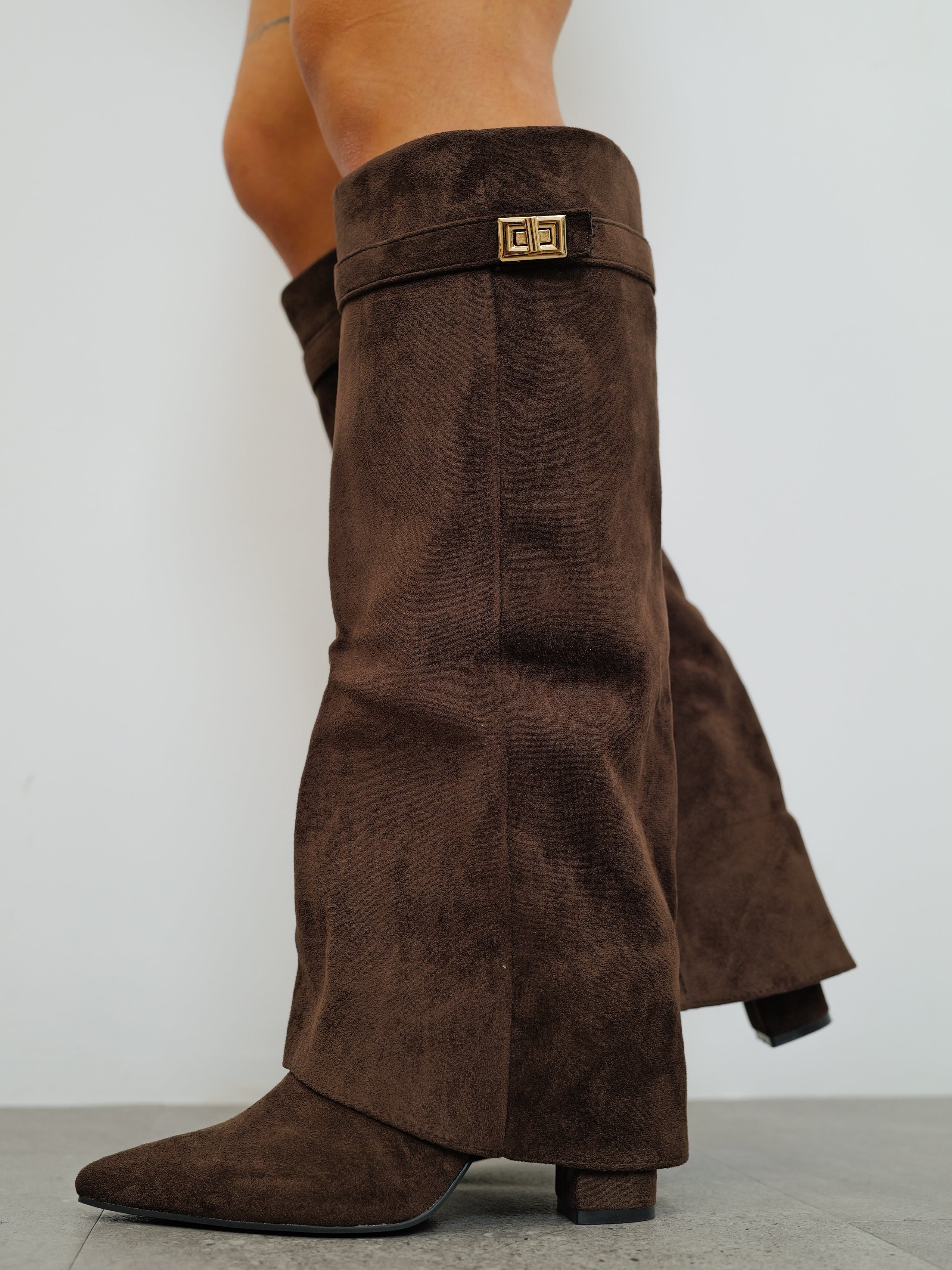 Brown suede detail flap heeled boot