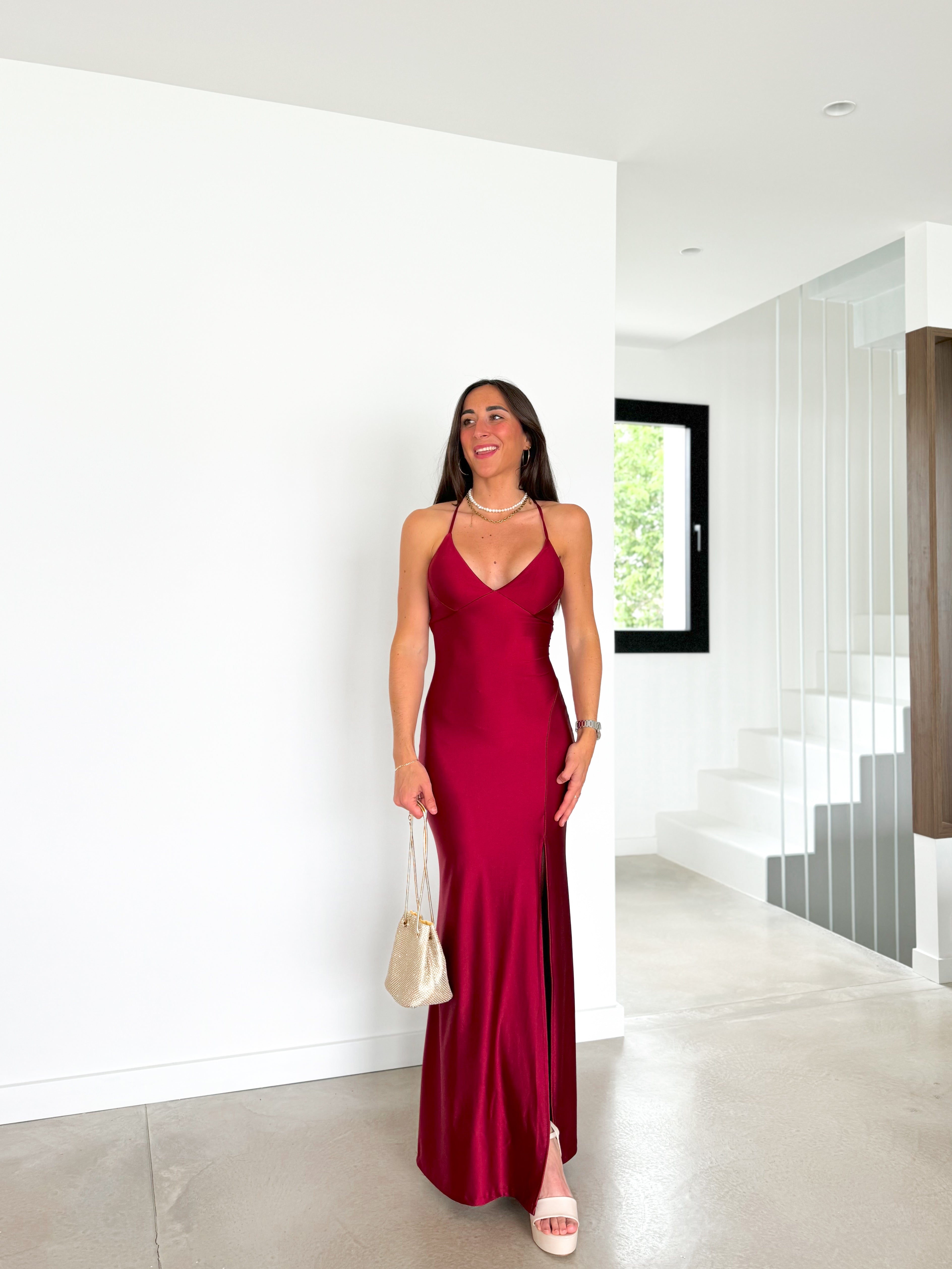 Burgundy intertwined satin peak dress