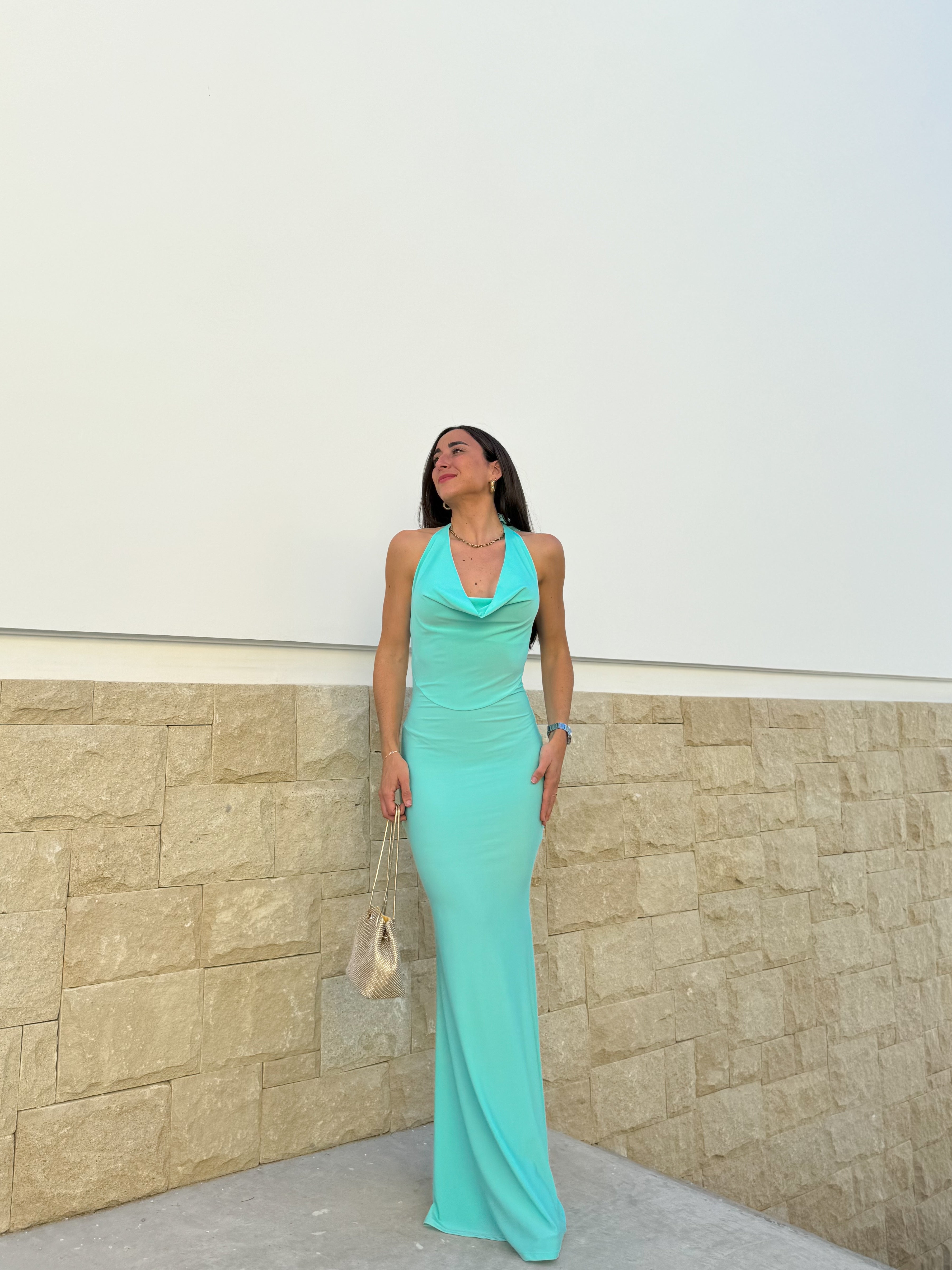 Long turquoise waterfall dress