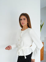 White bow shoulder cardigan with shoulder pads