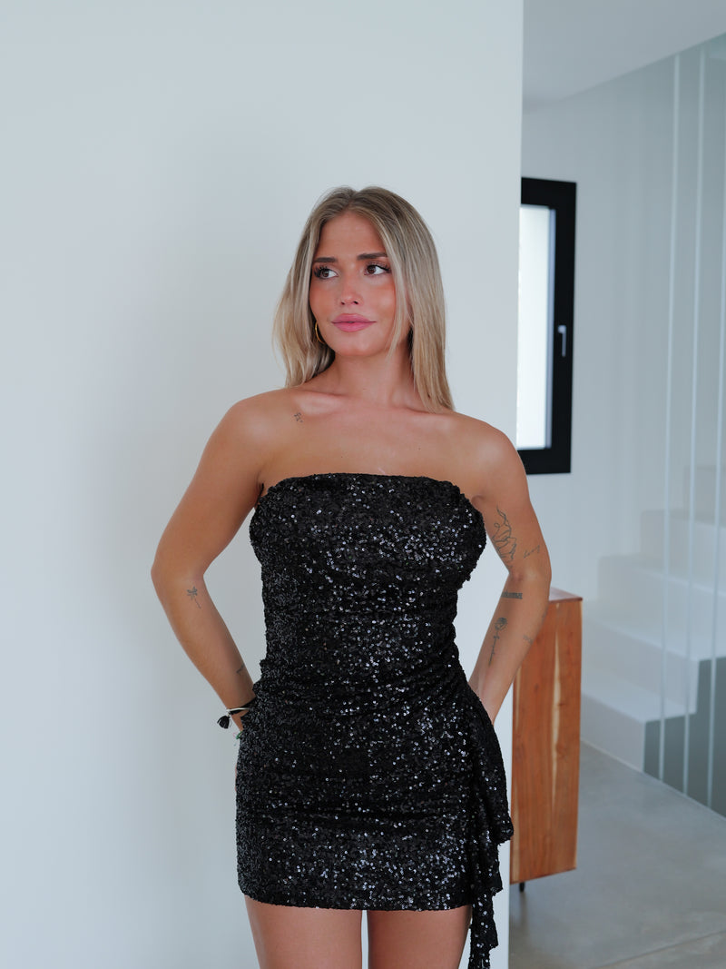 Black glitter dress with ruffle band