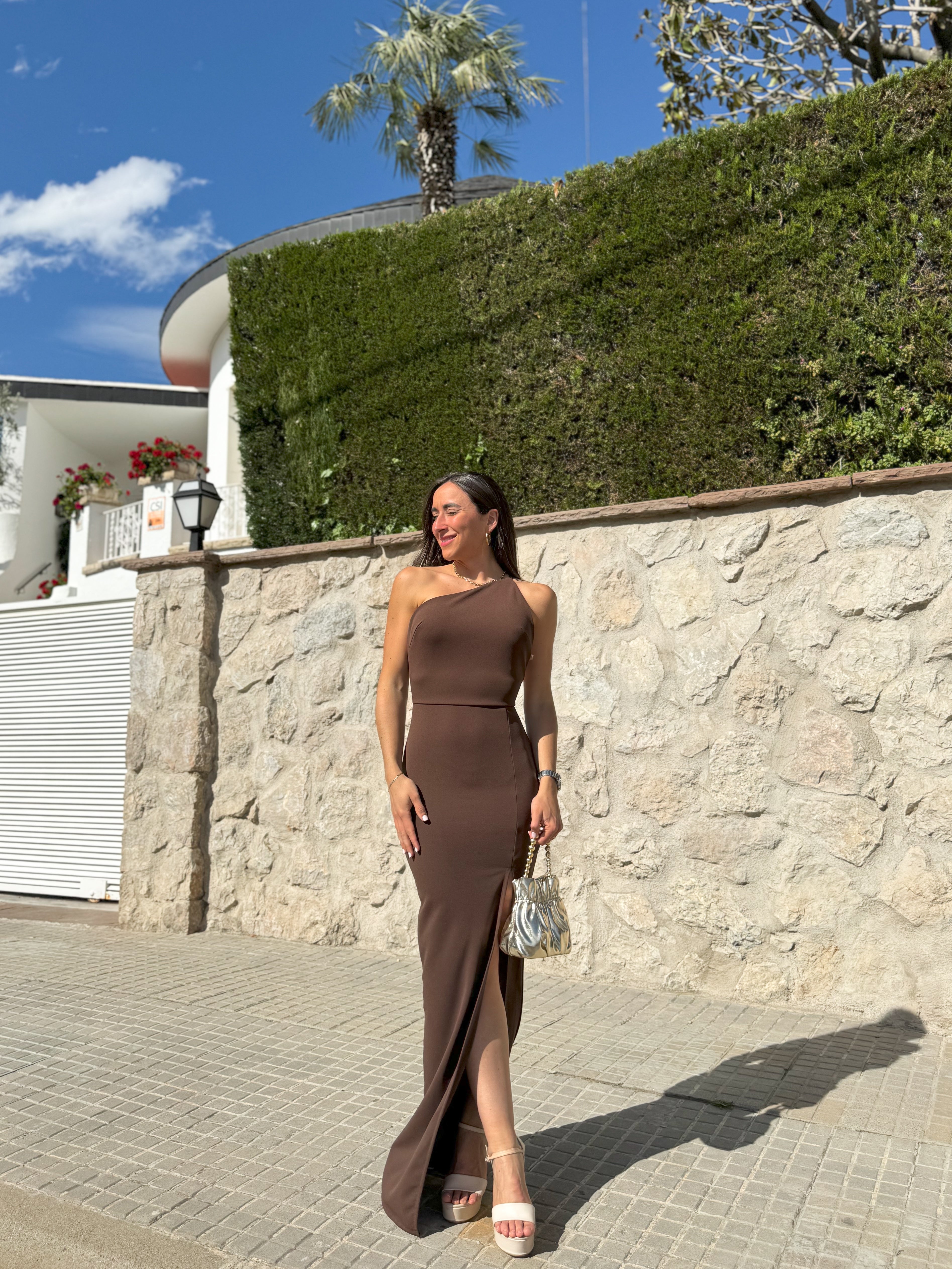 Brown mermaid neckline dress