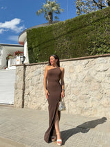 Brown mermaid neckline dress