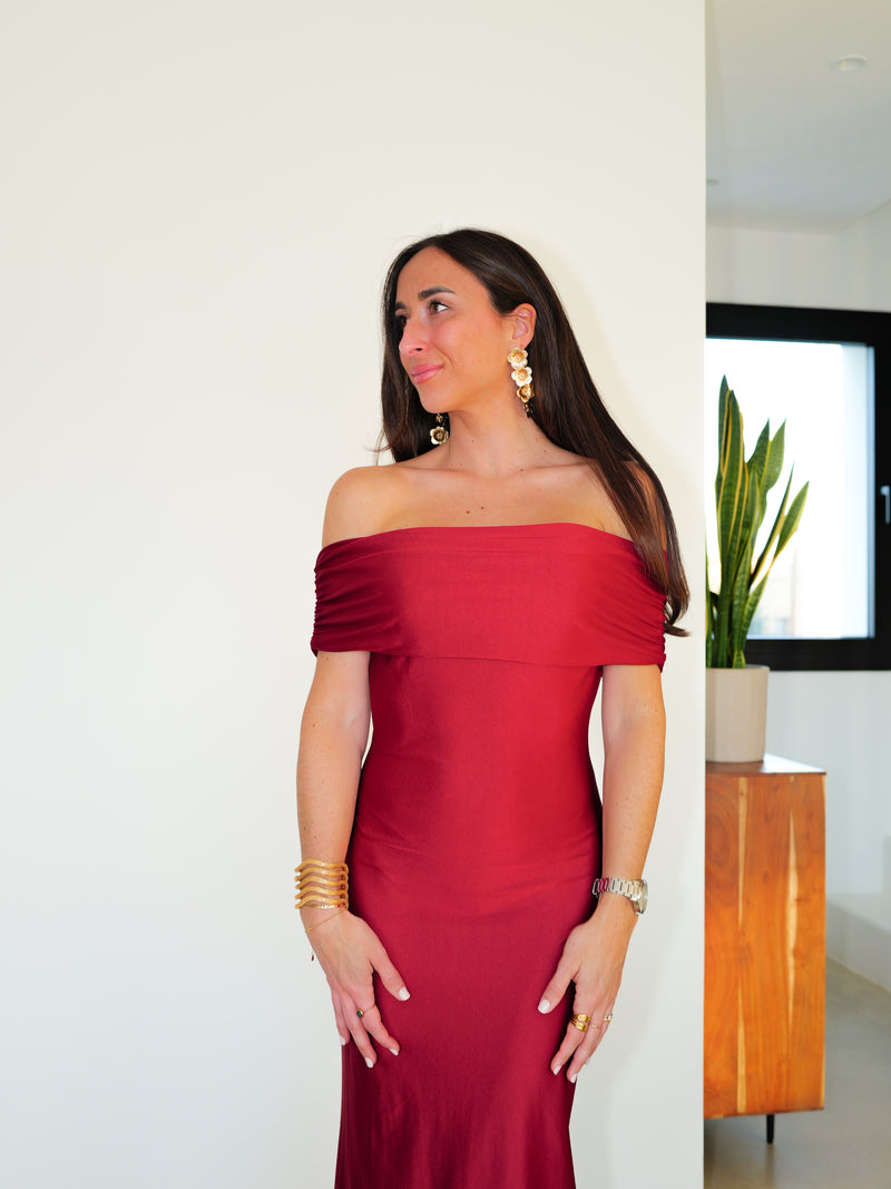 Burgundy satin bardot back dress