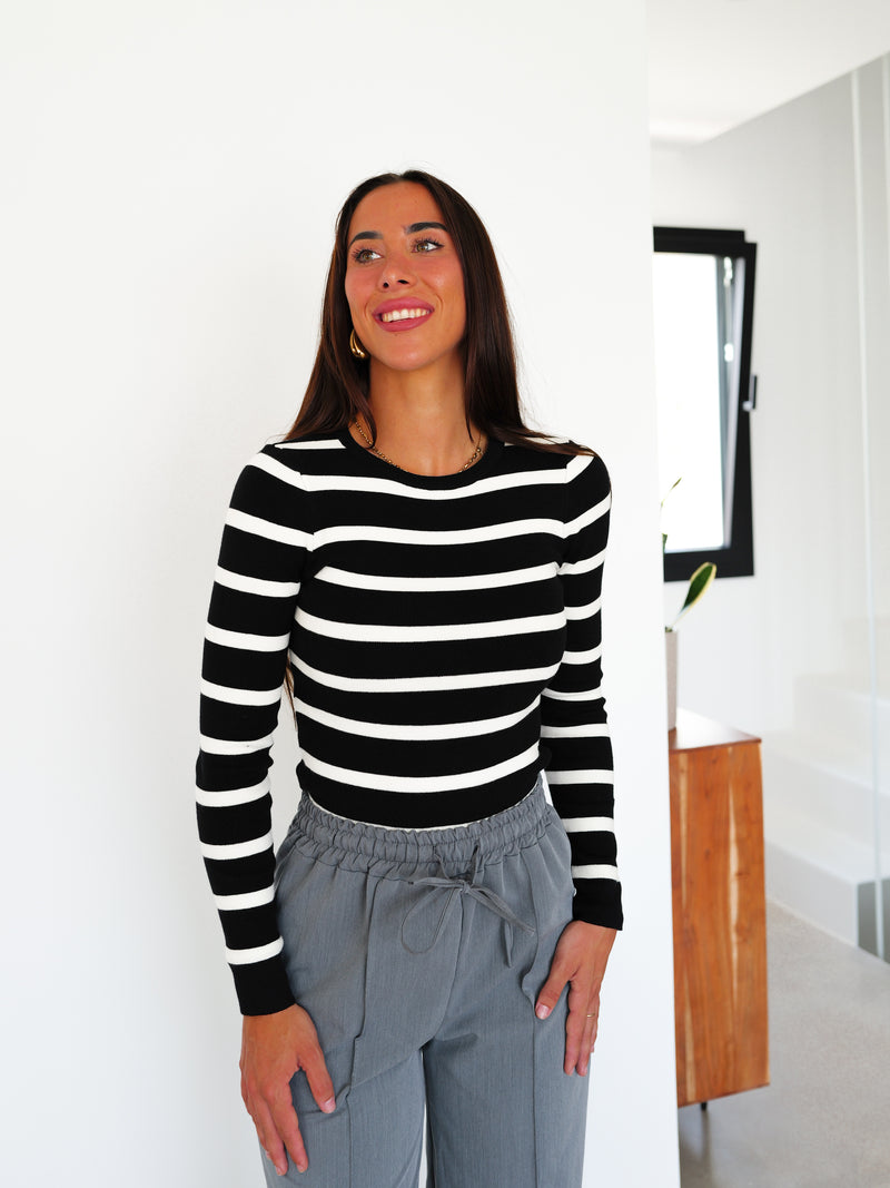 Black striped ribbed sleeve sweater