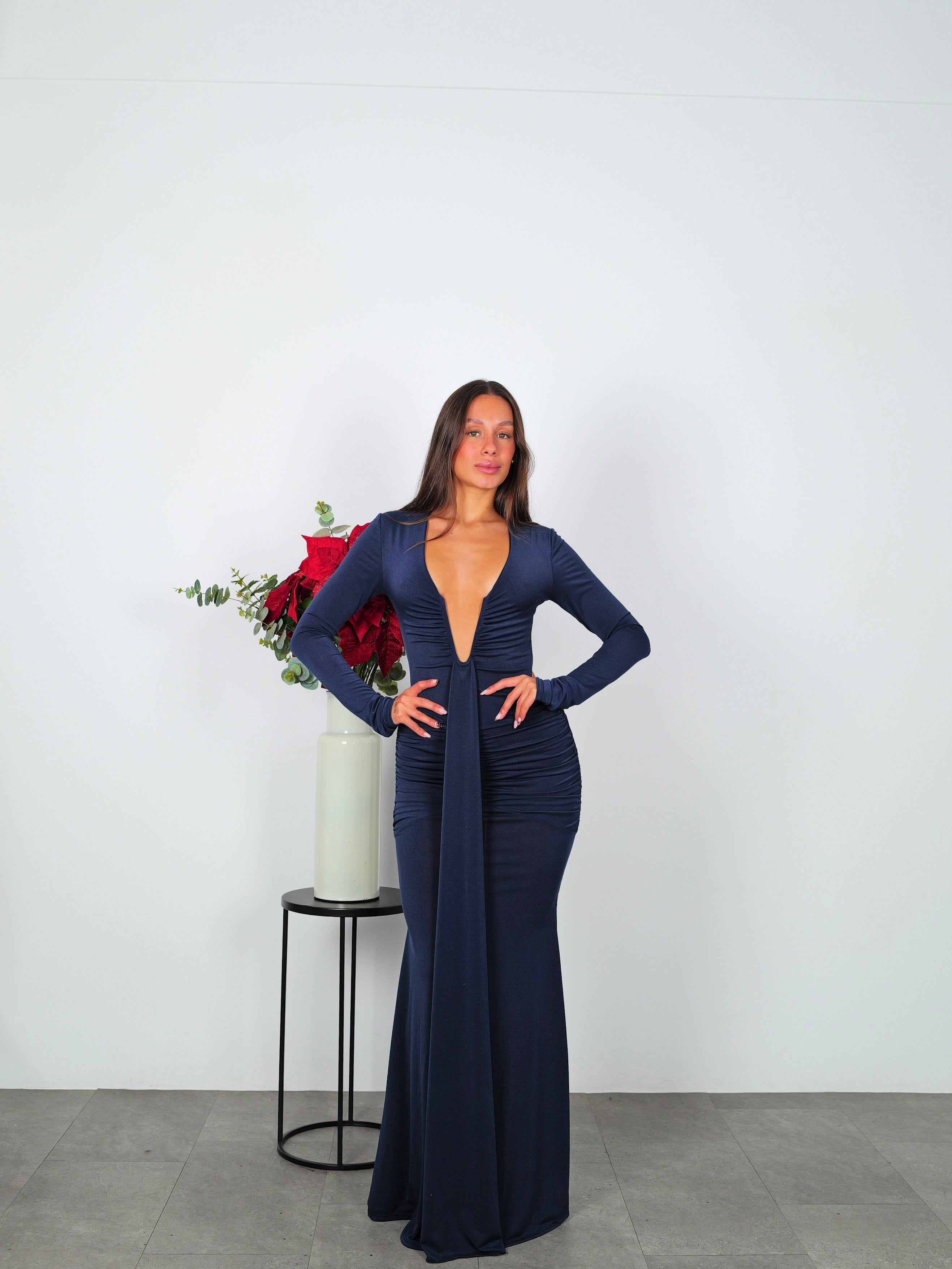 Long sleeve dress with navy band neckline