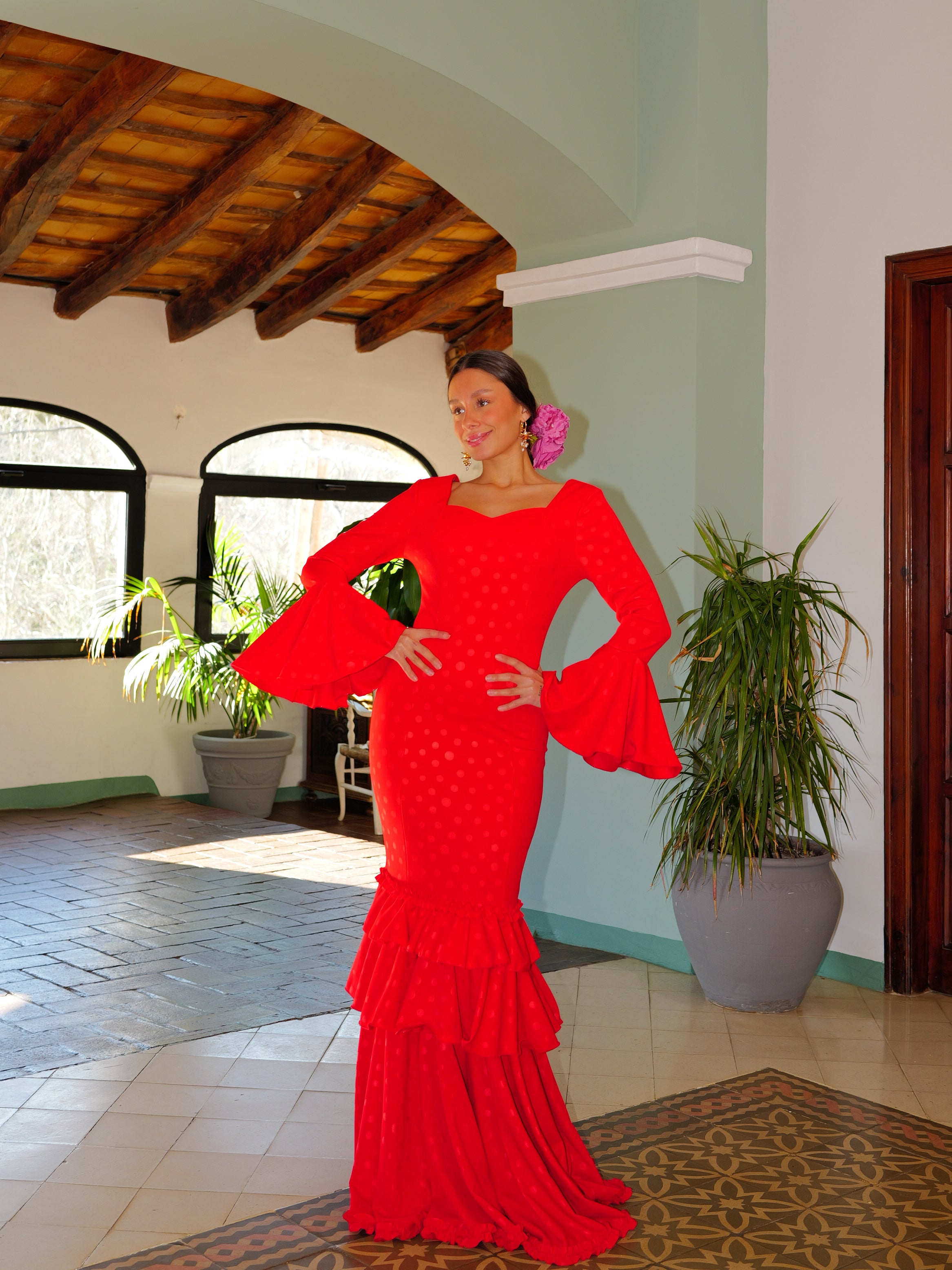 Red polka dot ruffled flamenco dress