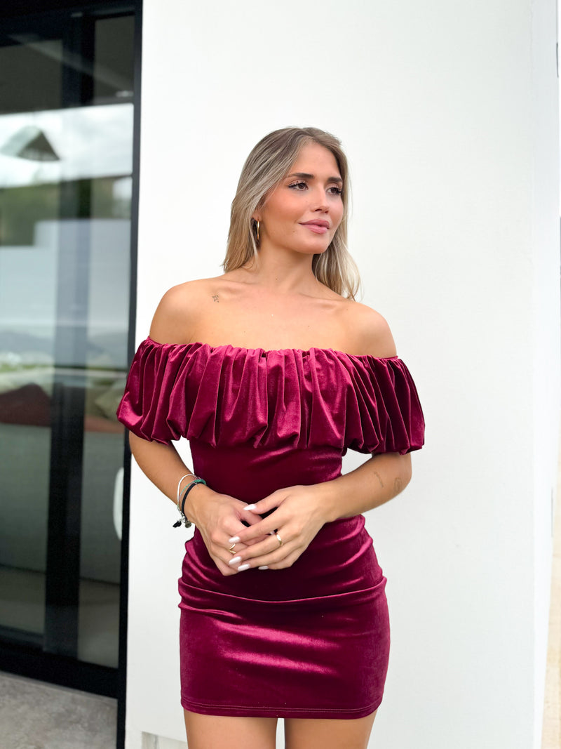 Burgundy mini velvet pompom dress