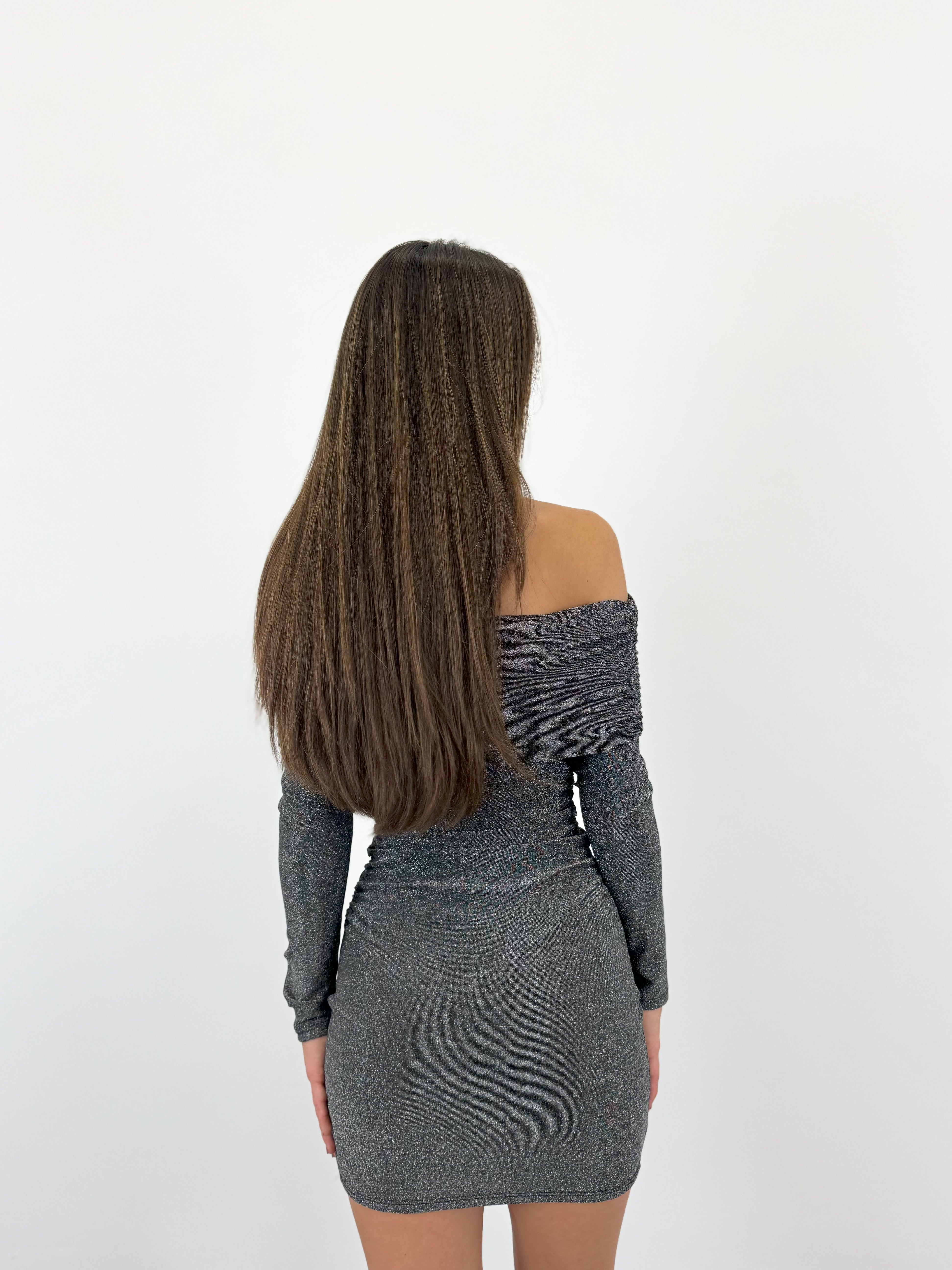 Bardot dress lurex silver