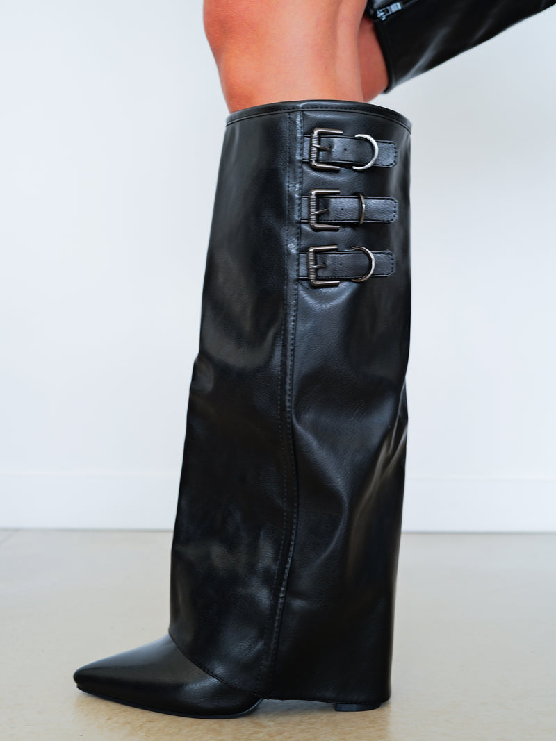 Black three buckle heel boot