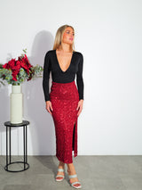 Red glitter midi skirt