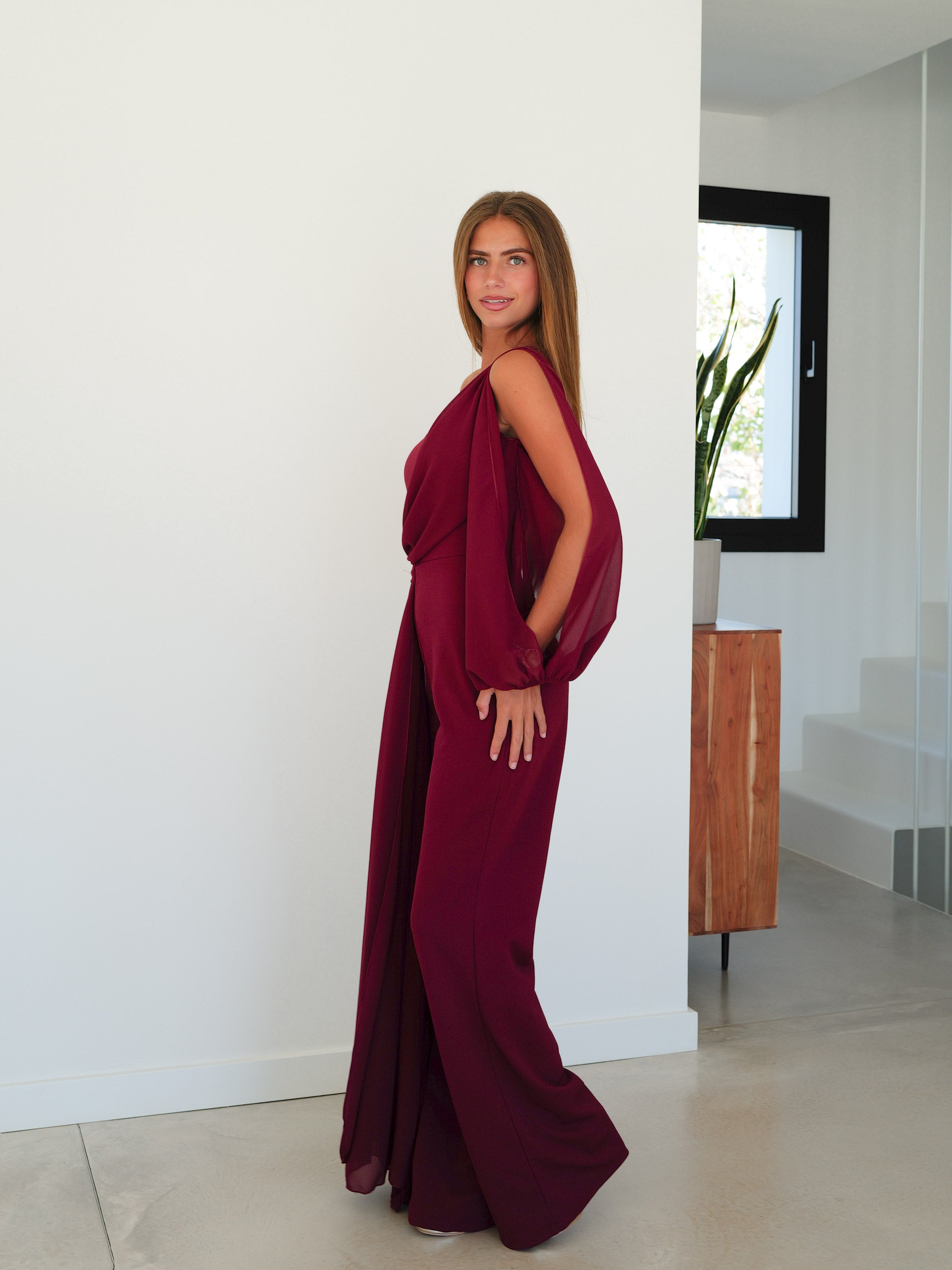 Bordeaux tulle sleeve jumpsuit