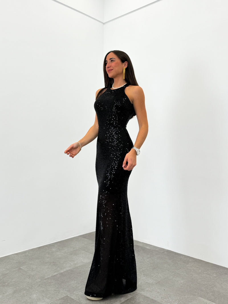 Black halter length glitter dress