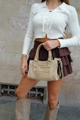 Beige suede leather buckles bag