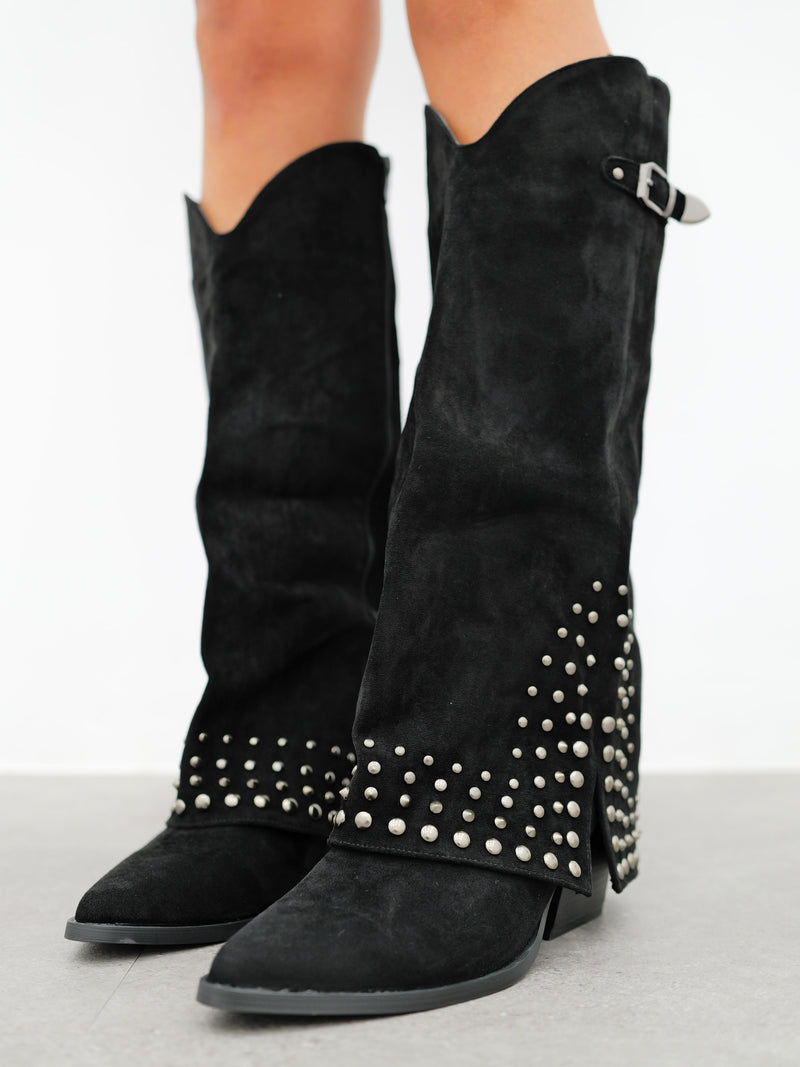 Black suede studded heel boot