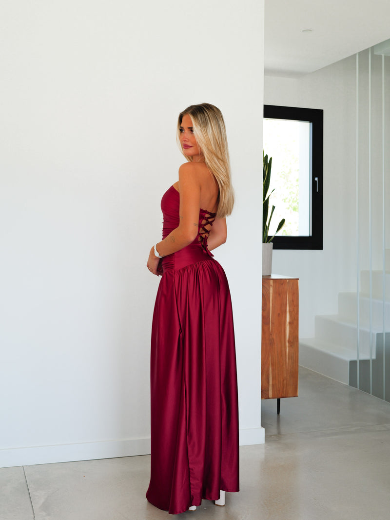 Burgundy interlaced satin word dress