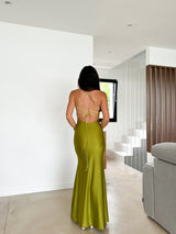 Olive intertwined satin peak dress