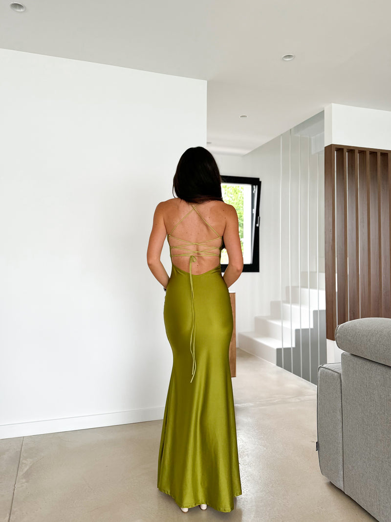 Olive intertwined satin peak dress