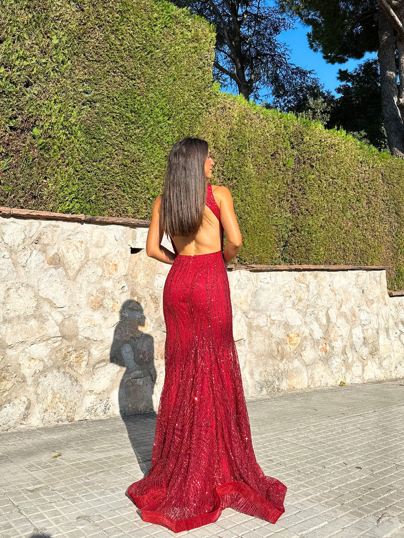 Back halter dress burgundy rhinestones