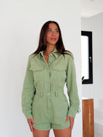 Green denim fringed short jumpsuit