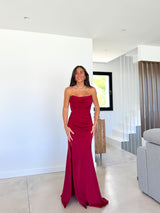 Corset dress with draped burgundy bands