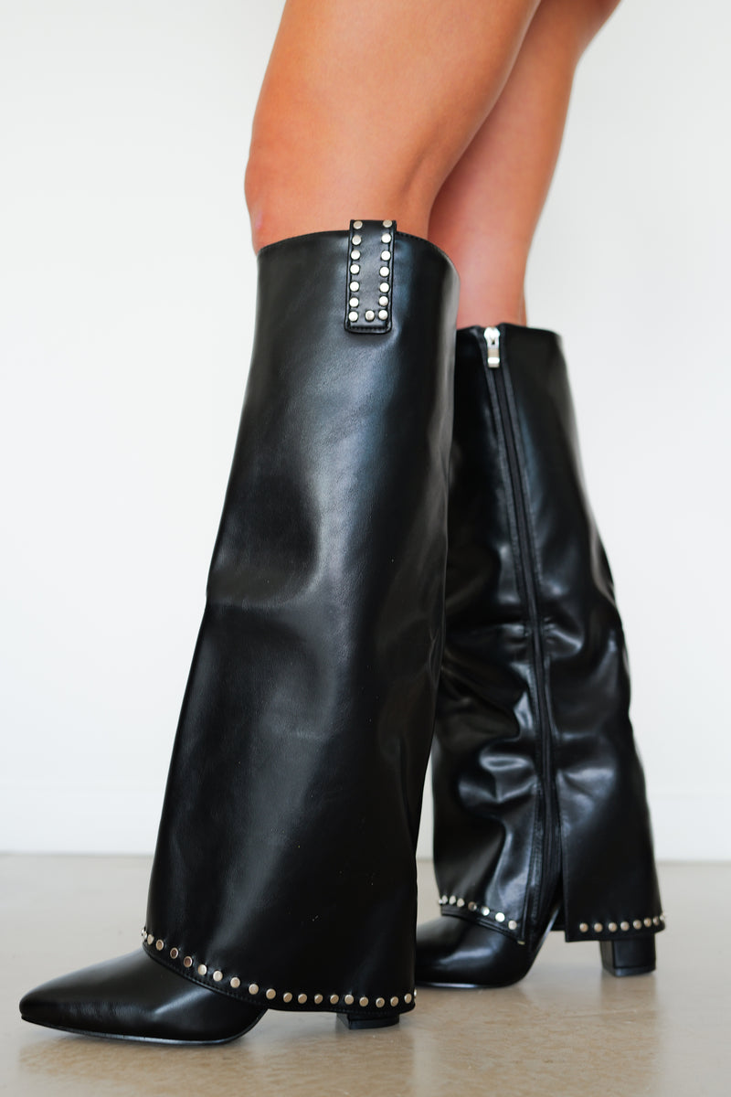 Black studded flap heel boot