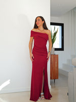 Asym lurex bardot burgundy dress