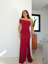 Asym lurex bardot burgundy dress