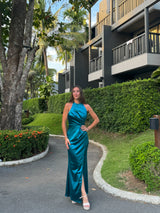 Long draped halter dress in petroleum