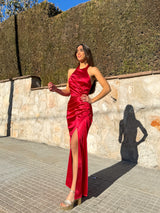 Long red draped halter dress