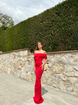 Red back bardot dress