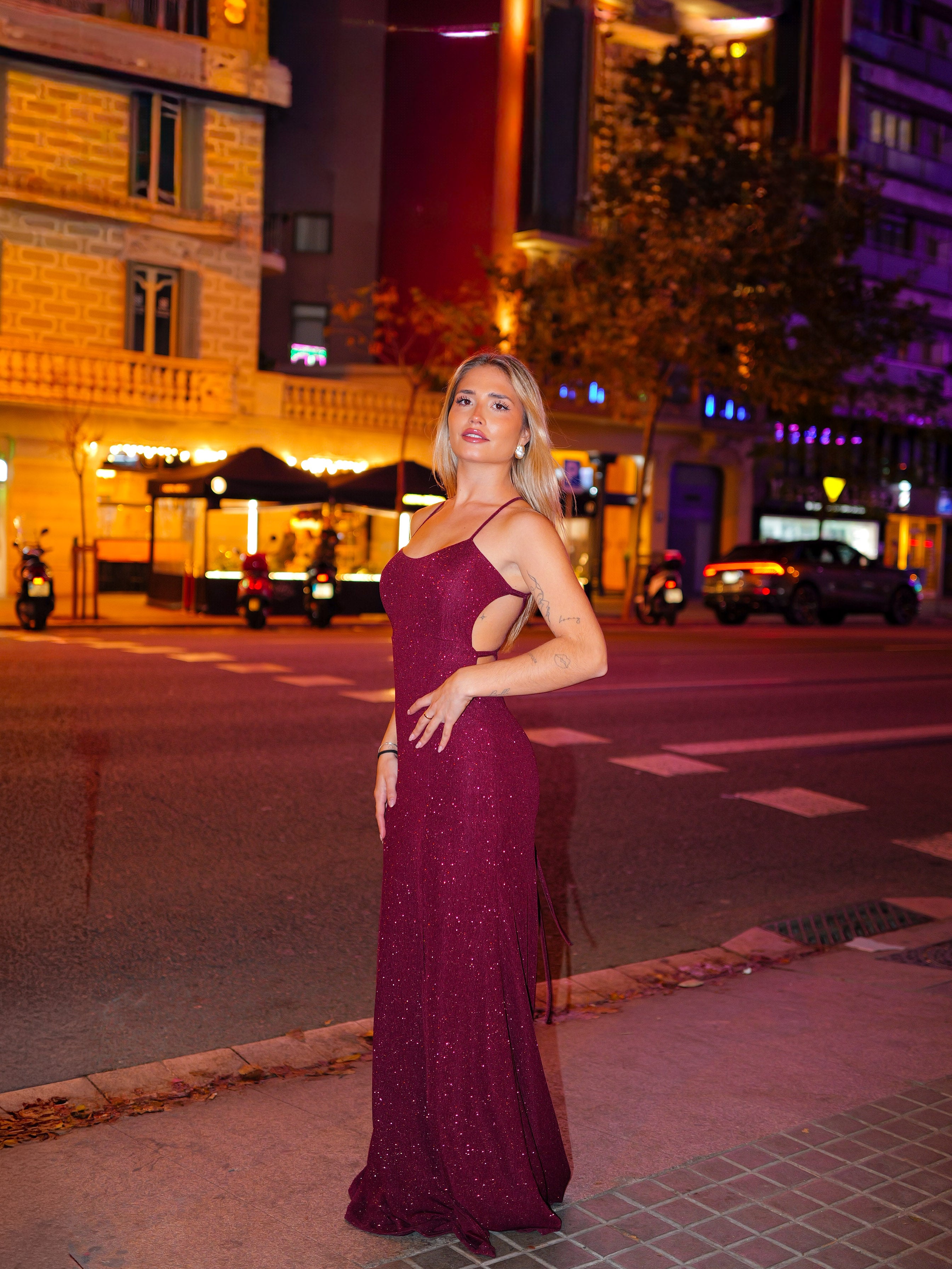 Long dress lurex burgundy straps