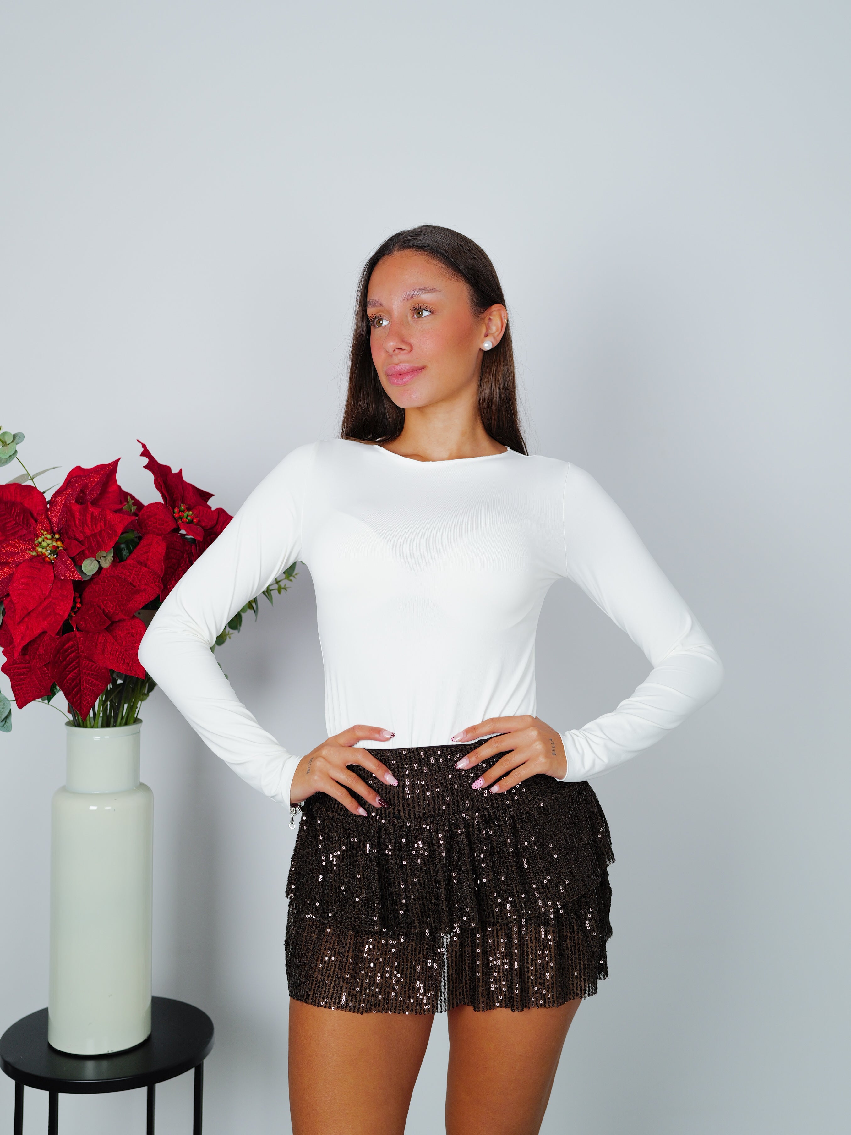 Chocolate sequin ruffled mini skirt