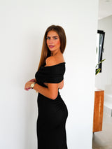 Lurex bardot dress black back