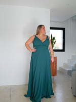 Long dress with draped V-neck and bottle neckline