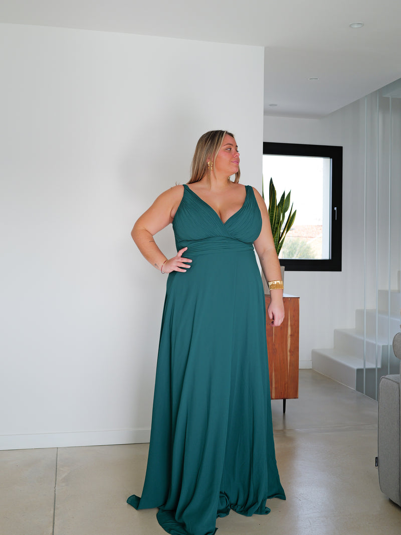 Long dress with draped V-neck and bottle neckline