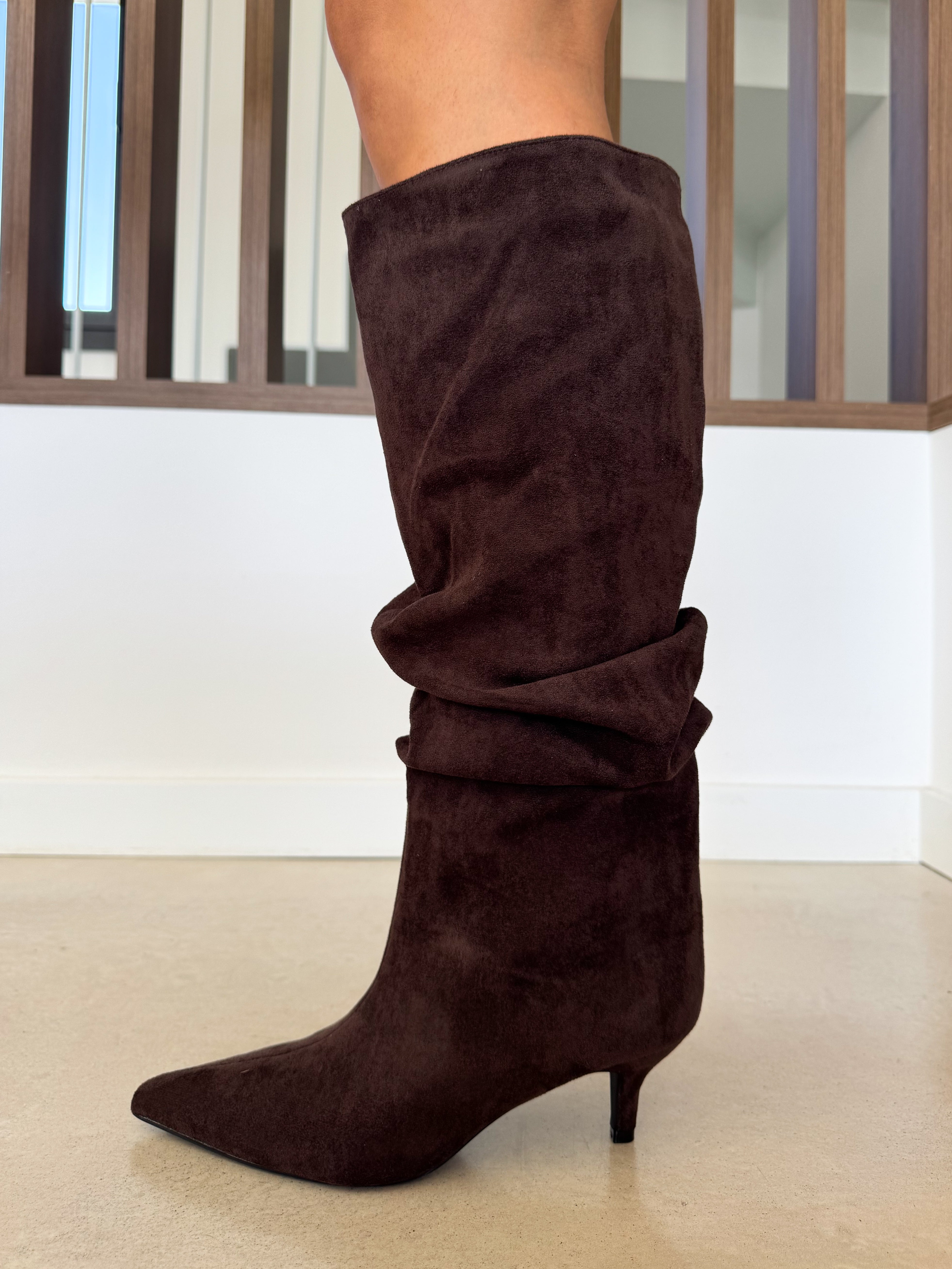 Chocolate ruffled suede boot