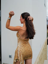 Gold glitter ruffle velvet dress