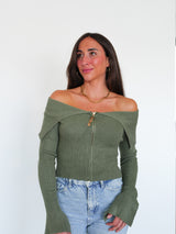 Khaki ribbed zipper boat sweater