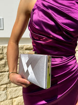 Silver satin clutch