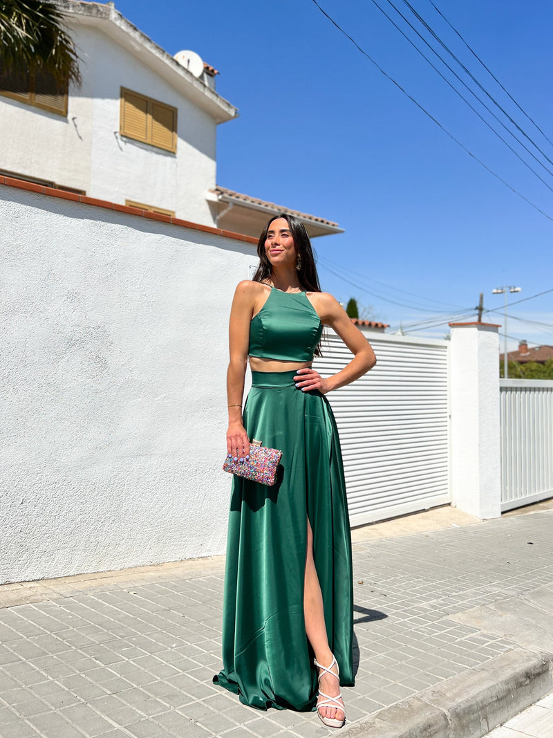 Green satin halter set