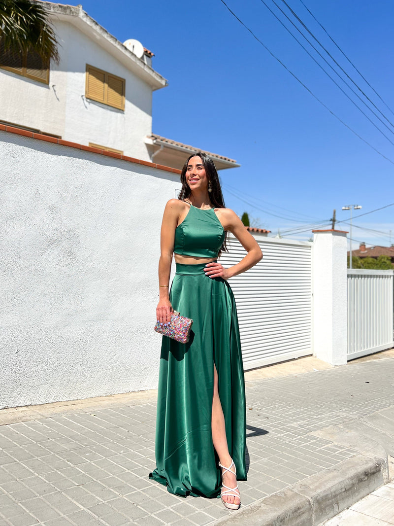 Green satin halter set